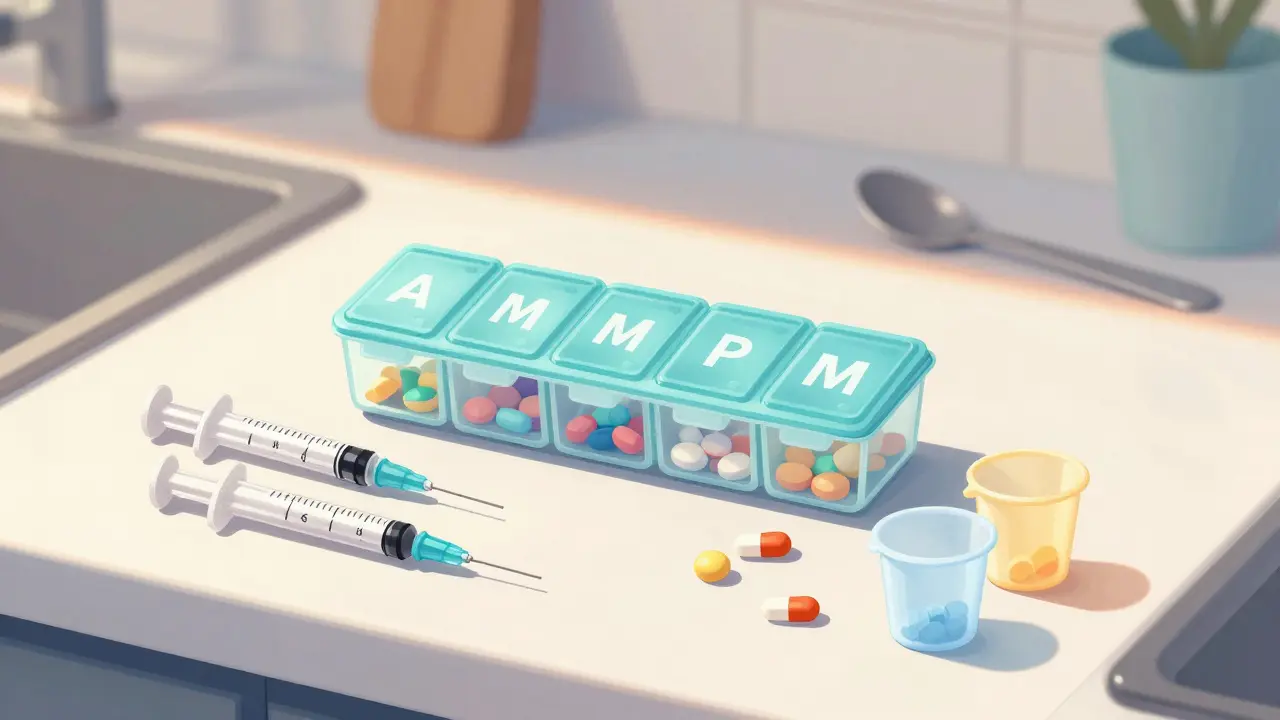 Organized pill box and calibrated dosing tools on counter