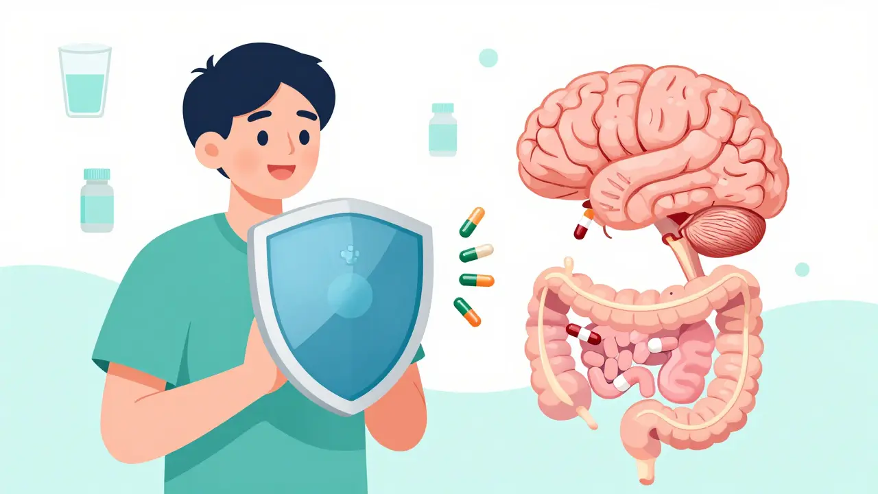 Patient holding medical shield blocking opioids from gut, bright hopeful scene