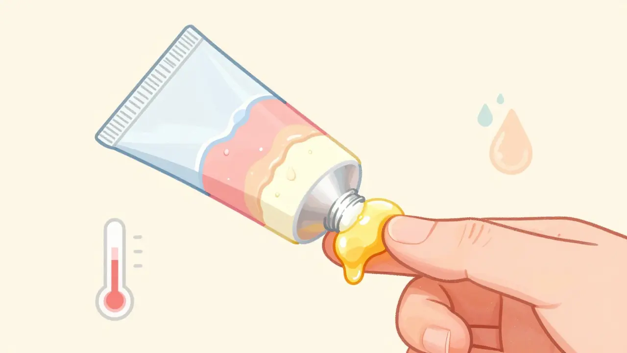 Separated cream showing oil and water layers on a finger