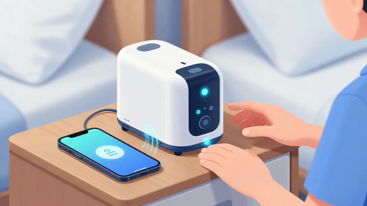 Smart medication dispenser syncing with a smartphone for remote caregiver monitoring.