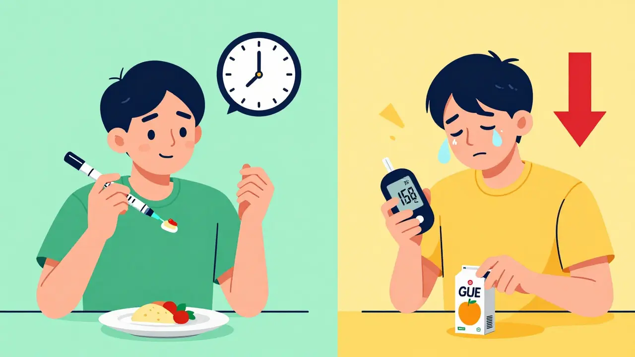 Split view comparing GLP-1 satiety effects versus insulin-induced low blood sugar