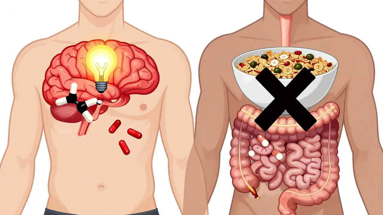 Stylized anatomy showing opioids affecting gut vs brain with fiber crossed out