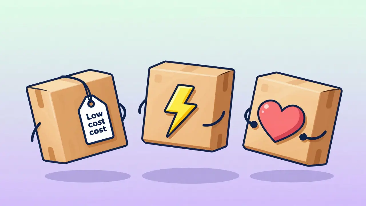 Stylized floating packages comparing pharmacy services