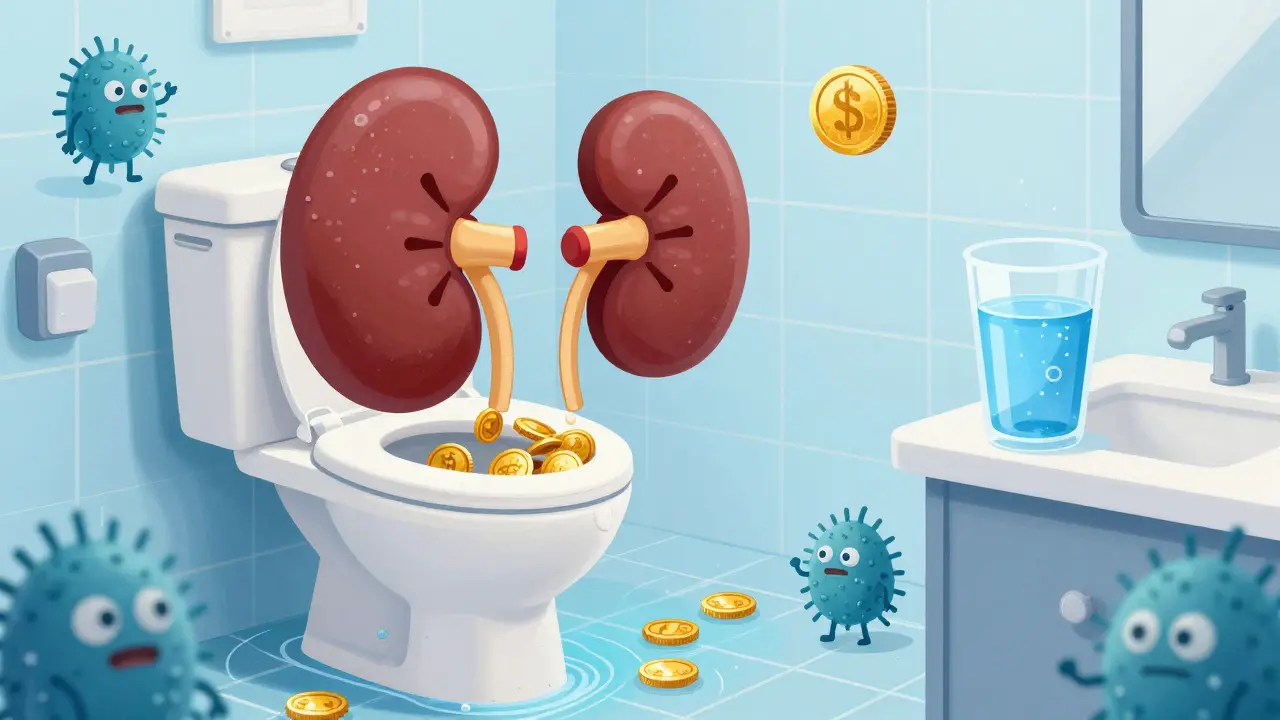 Surreal illustration of kidneys filtering sugar with bacteria and hydration focus