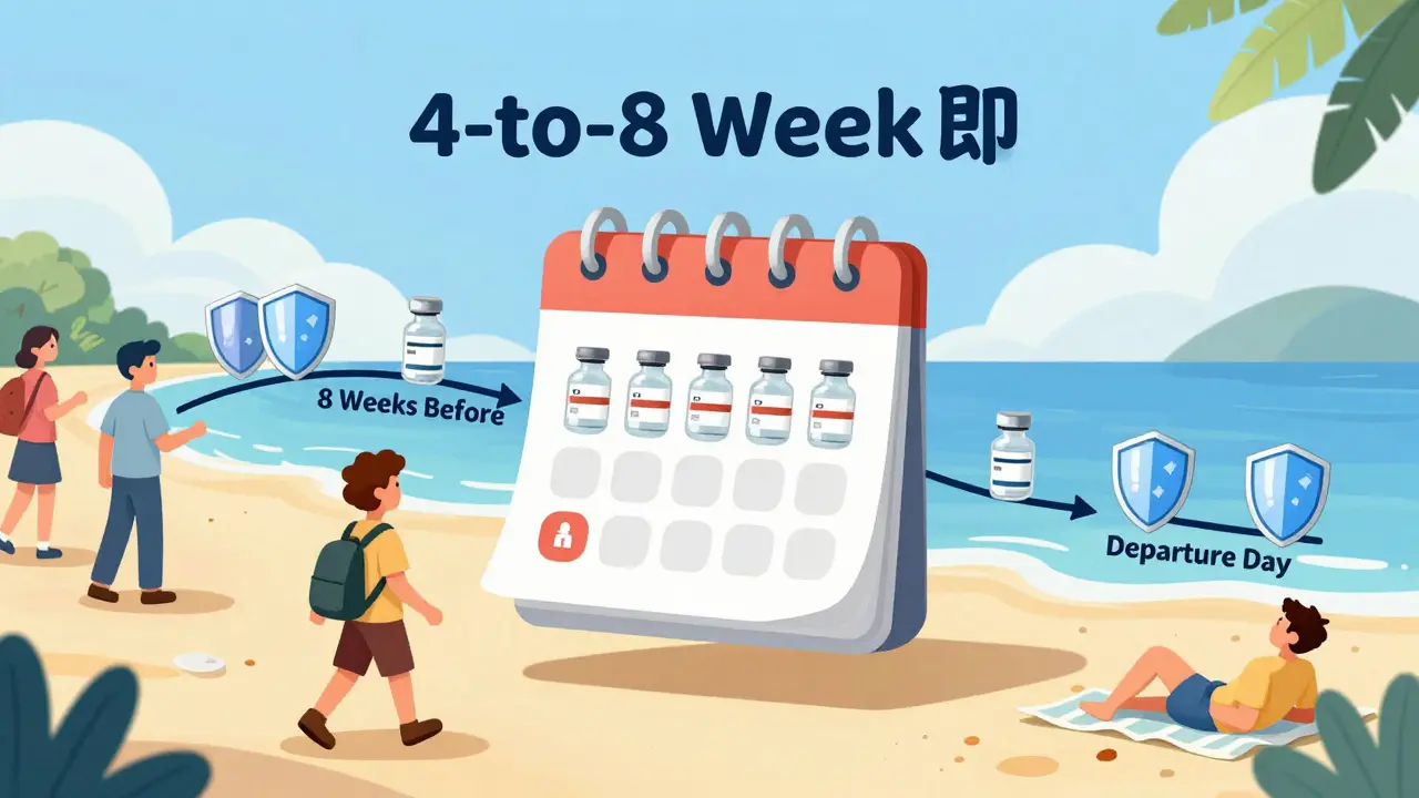 Timeline graphic showing traveler collecting vaccines and meds before trip