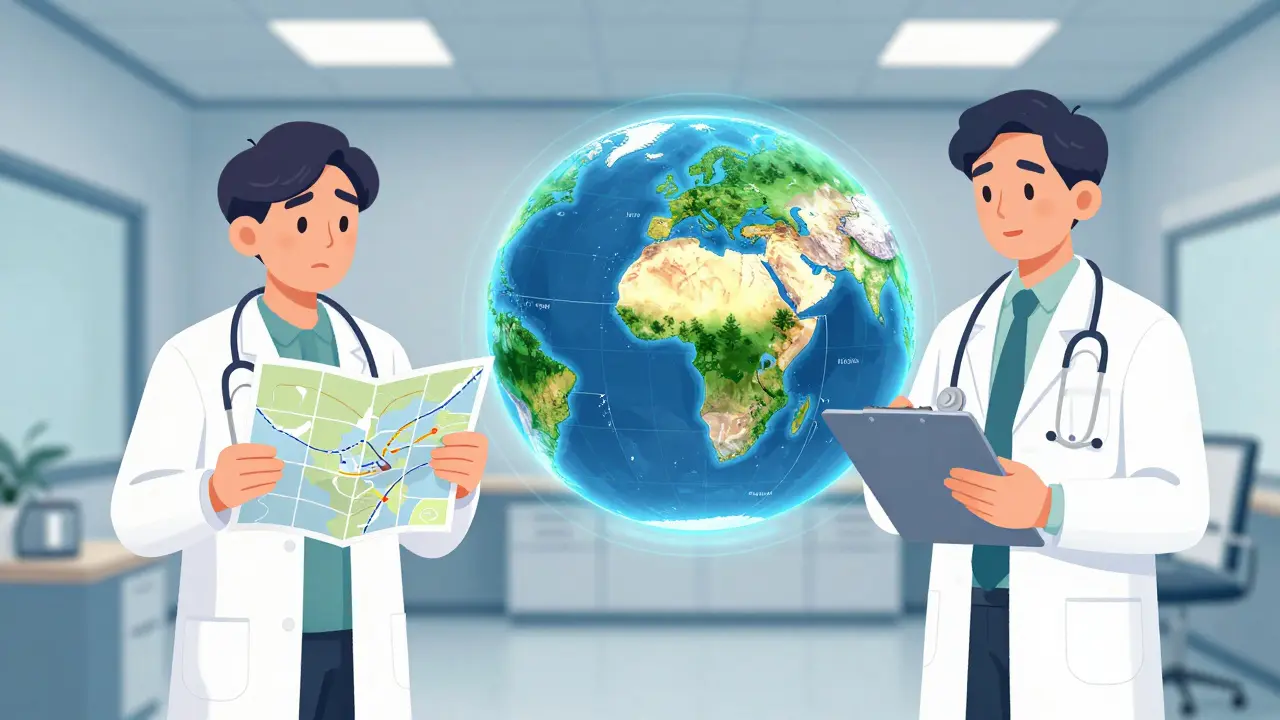 Travel specialist reviewing detailed risk map vs confused general doctor