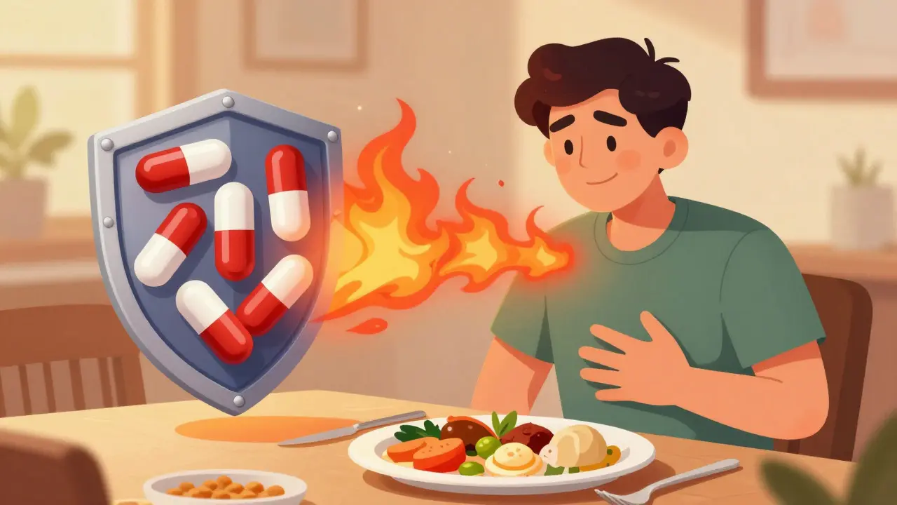 Character enjoying dinner free from heartburn, protected by medication shield