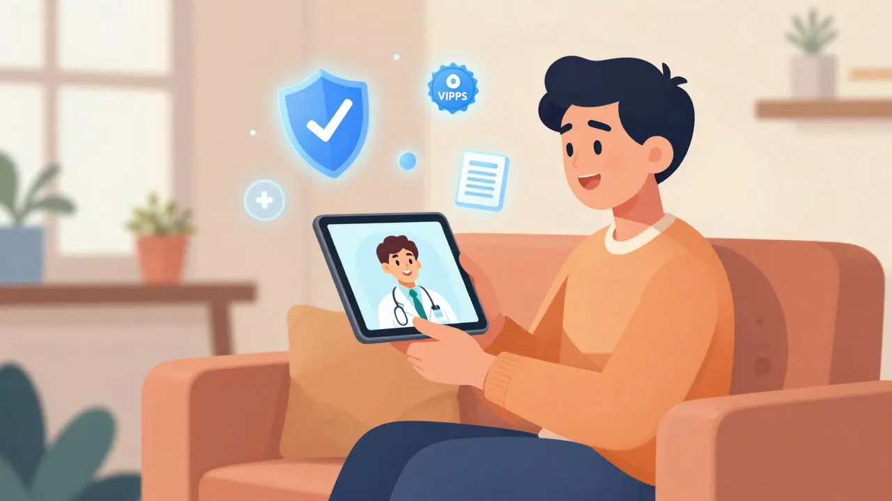 Concept art of a person safely getting a prescription via telehealth video call