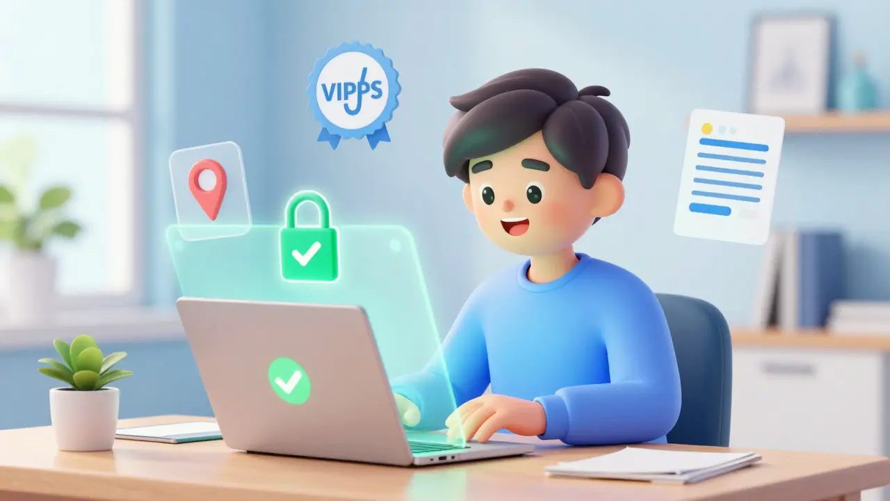 Concept art of safe online pharmacy shopping with security icons and checkmarks