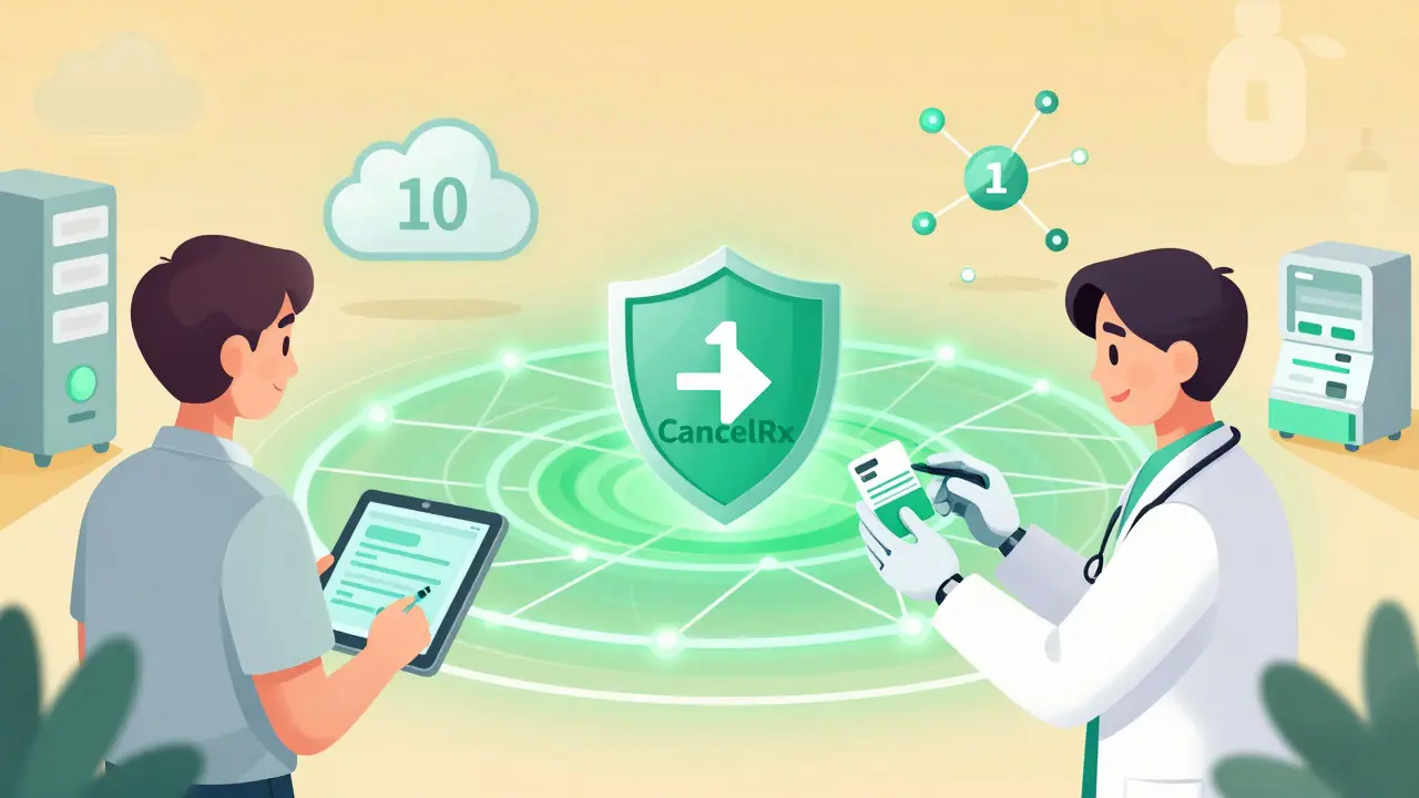 Futuristic concept art showing AI and CancelRx preventing prescription errors seamlessly.