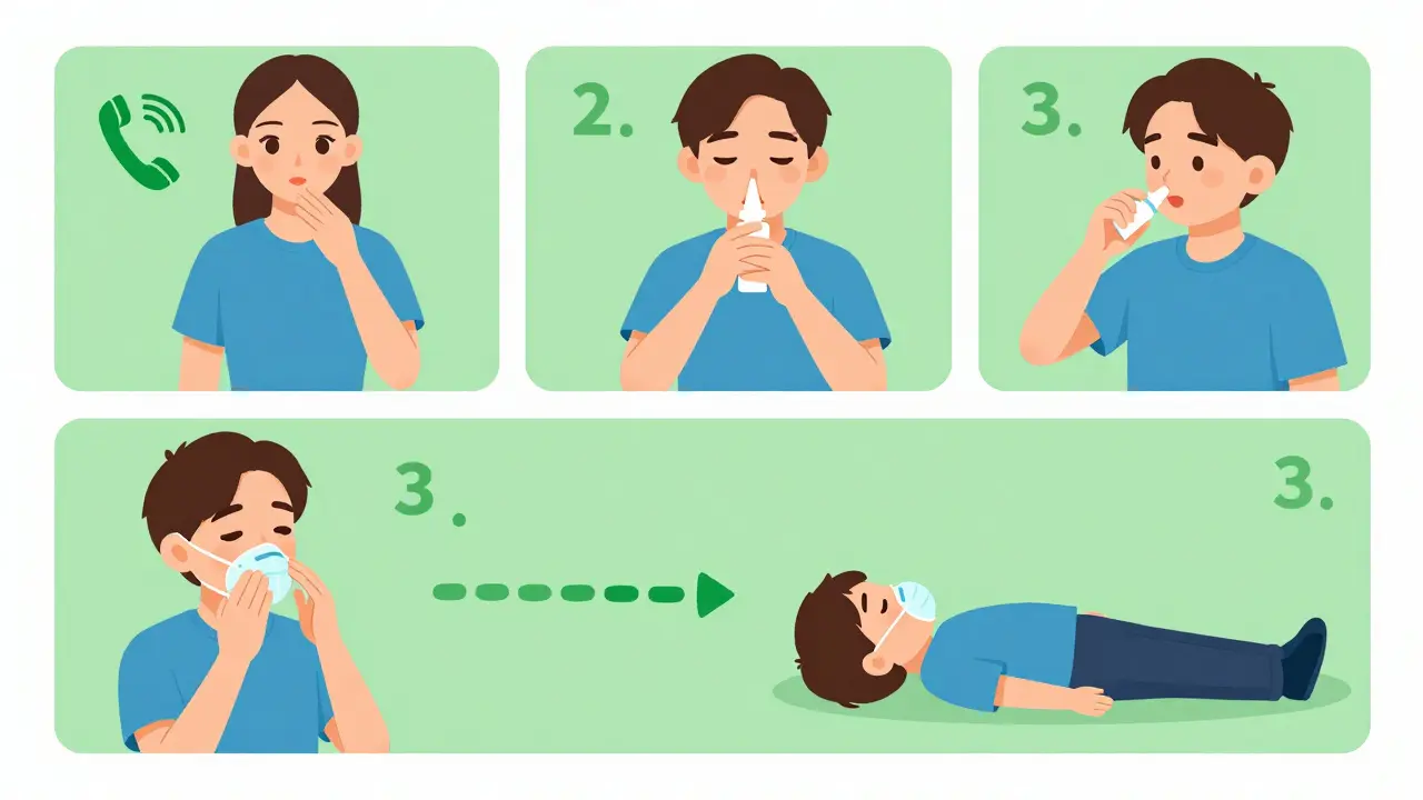Illustrated steps for administering naloxone and rescue breathing
