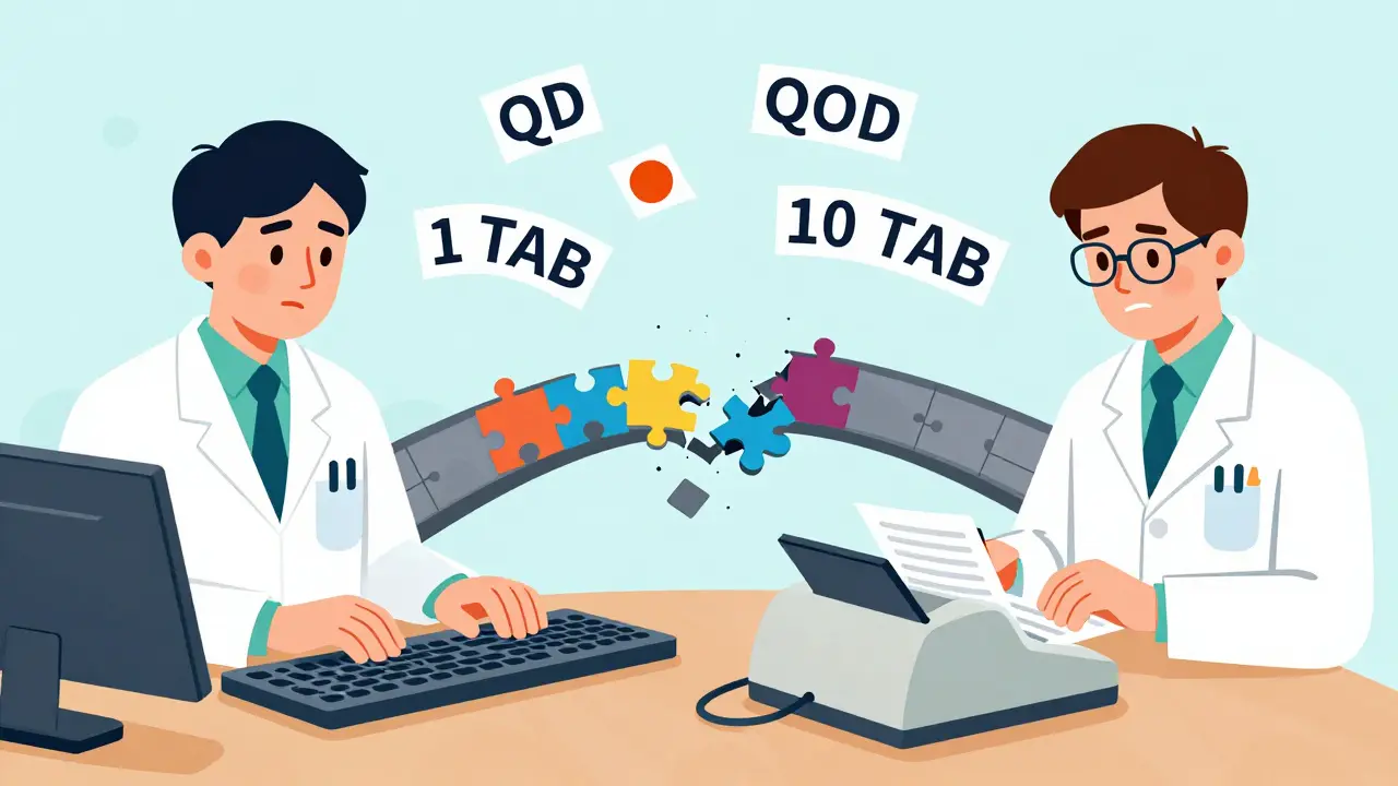 Illustration of disconnected medical systems causing manual data entry errors and confusion.