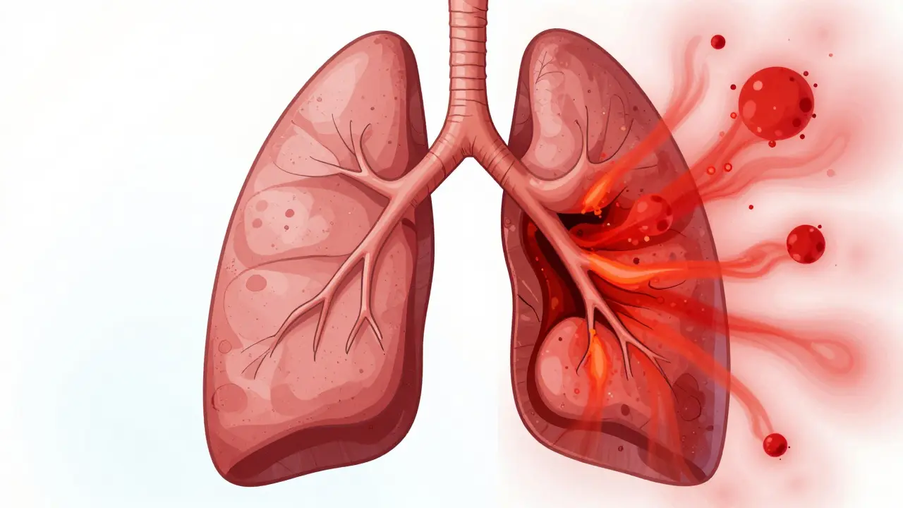 Illustration of inflamed, narrowed lung airways