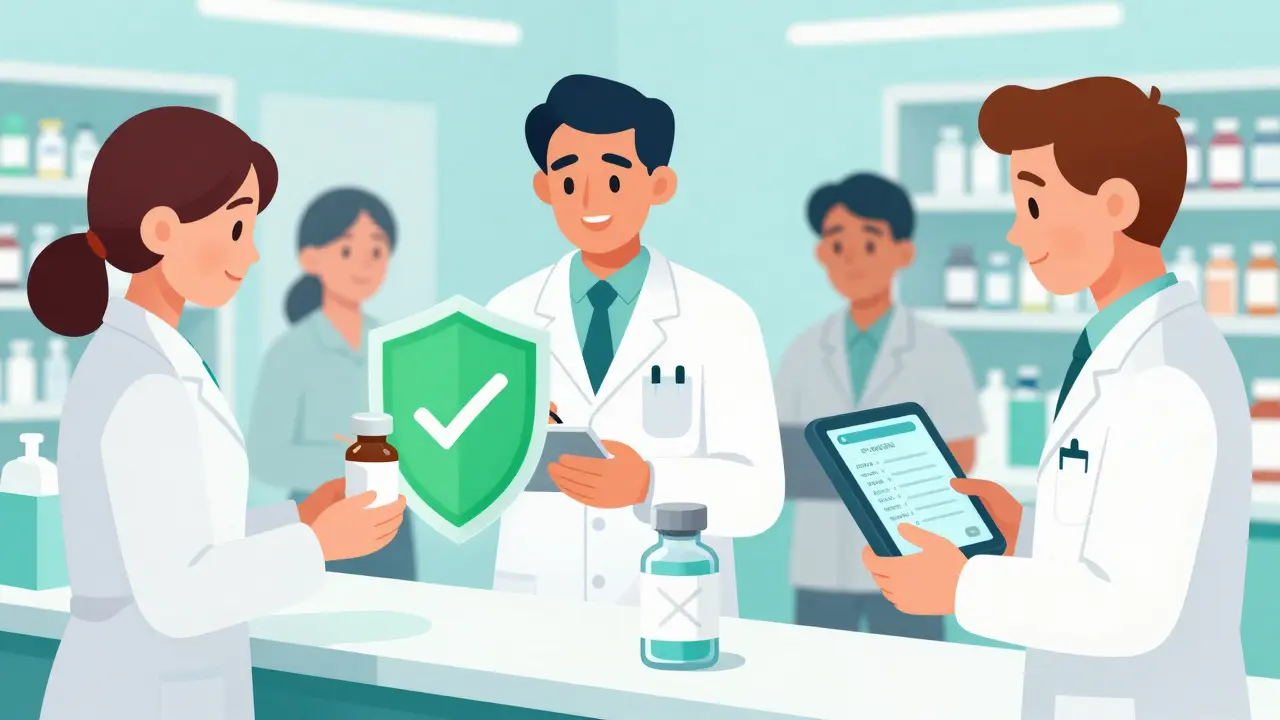 Illustration of pharmacists using tech for safety verification