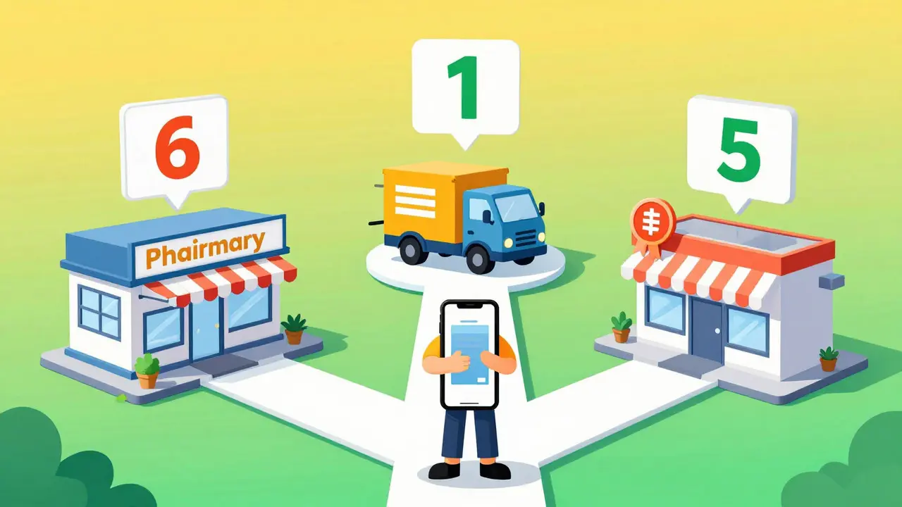 Illustration showing a user comparing online pharmacy prices and coupons