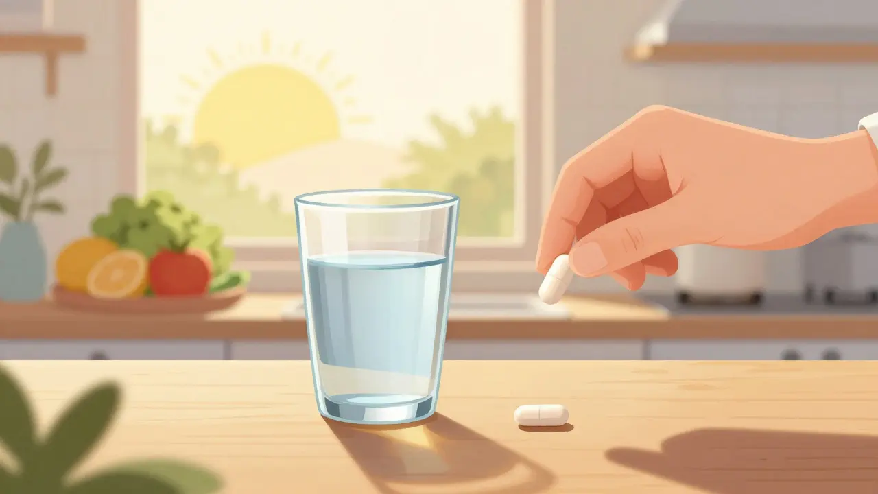 Morning capsule and water on table with sunrise background