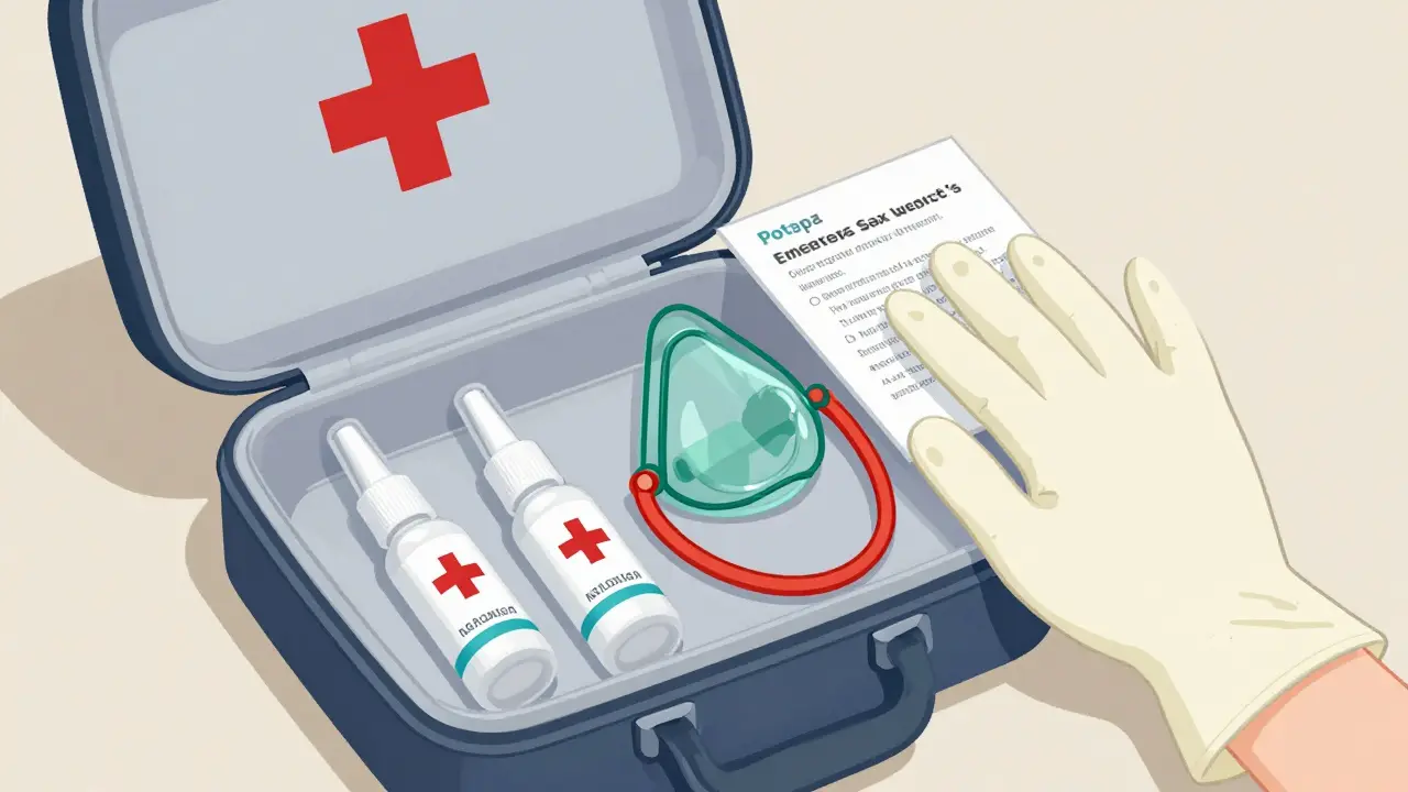 Open emergency kit with naloxone sprays, mask, and gloves