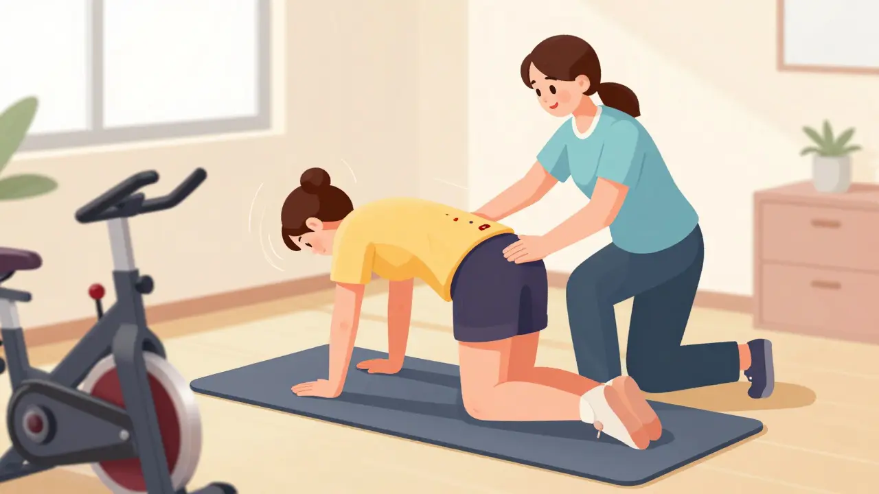 Patient doing stretching exercises for back pain relief in therapy