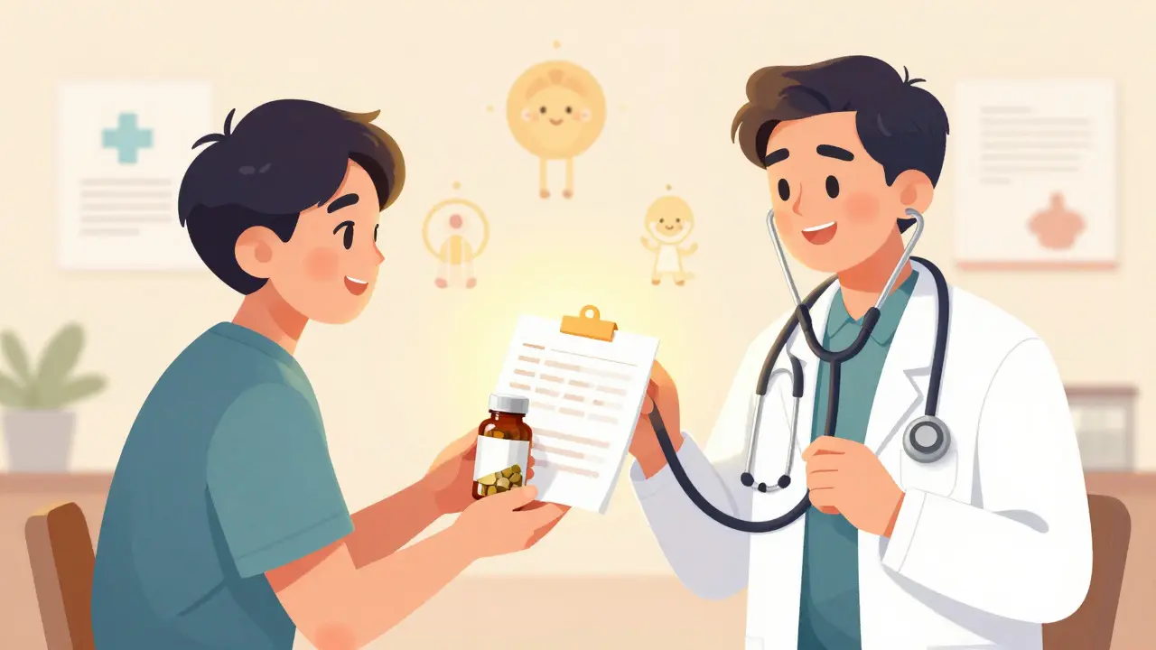 Patient handing supplement bottles to doctor for proactive disclosure