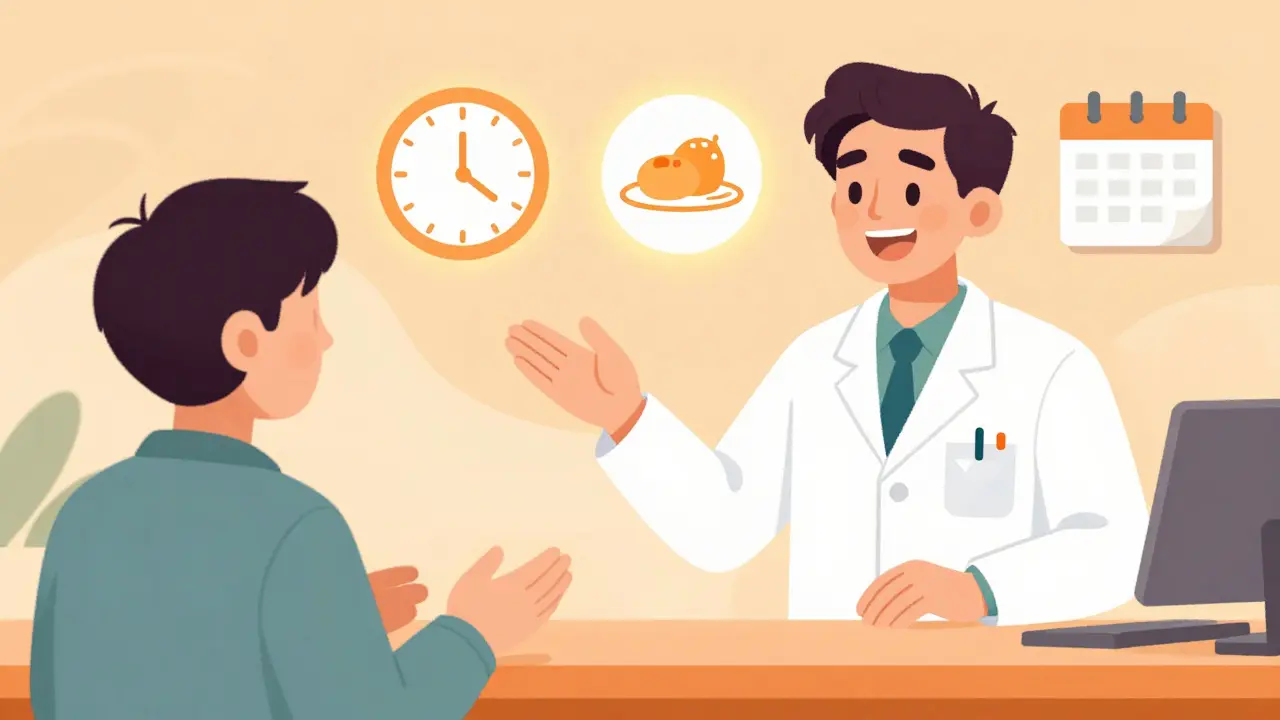 Pharmacist explaining medication timing and food instructions to patient