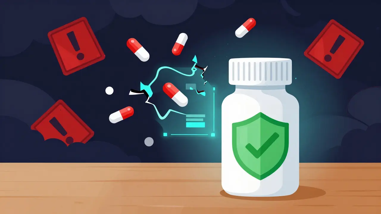 Safe prescription bottle protected from dark scam website threats