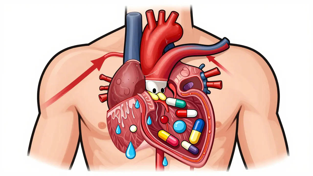 Stylized illustration of pills interfering with blood vessels and fluid levels in the body.