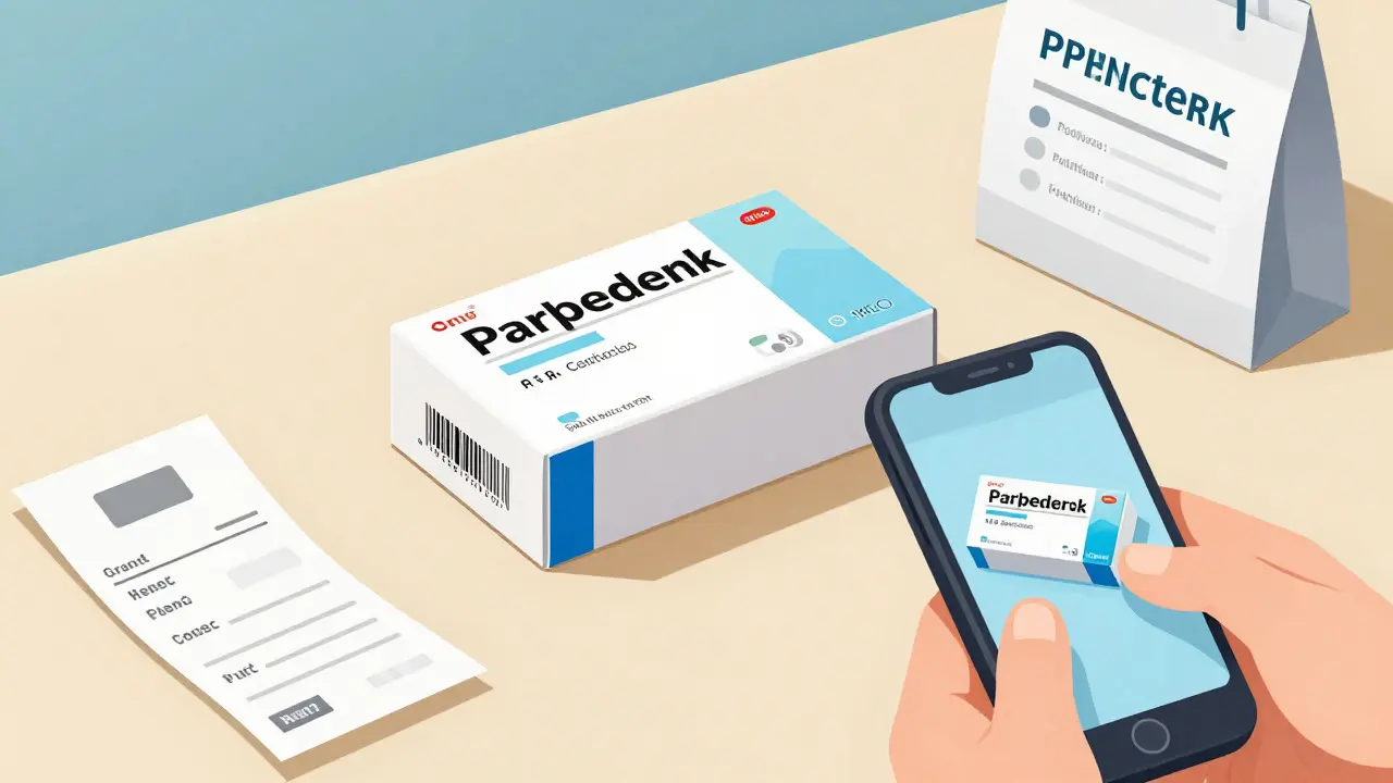 Tabletop with medication box, receipts, and phone taking photos