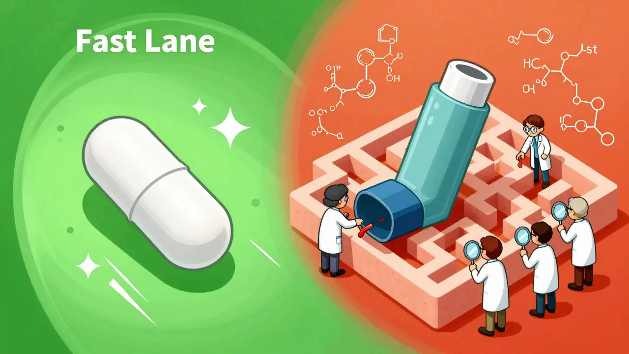 Concept art comparing fast simple drugs vs complex generic delays