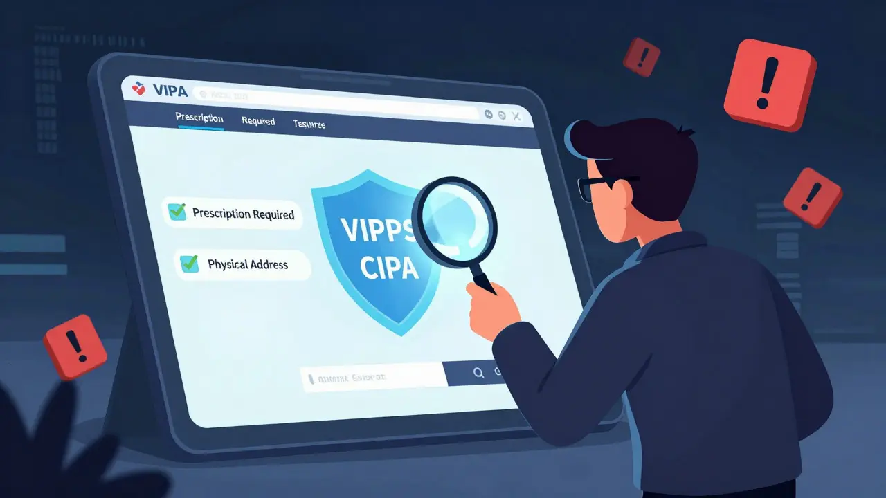 Concept art of verifying online pharmacy safety seals and prescription requirements