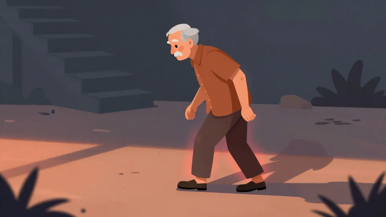 Concept art showing an elderly person stumbling on a wobbly path, representing increased fall risk.