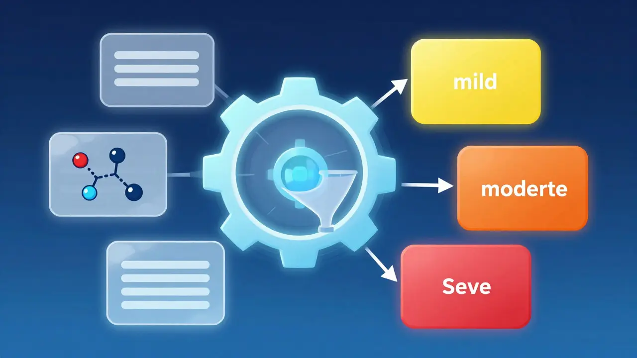 Conceptual illustration of a medical database sorting drug reactions by severity colors
