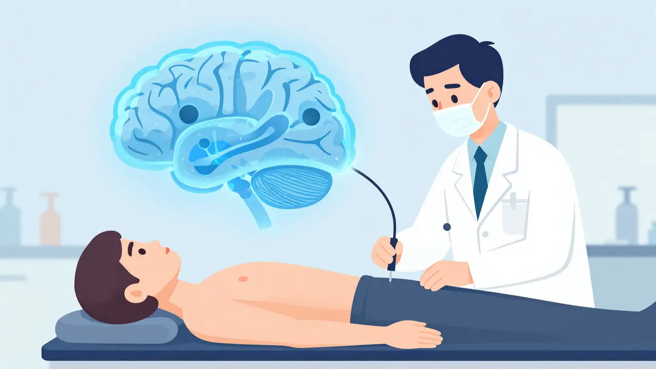 Doctor performing lumbar puncture with brain ventricle schematic