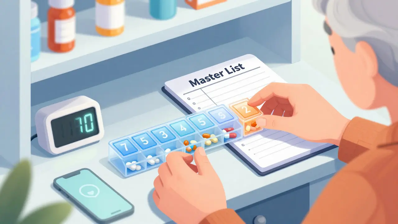 Elderly person organizing colorful pill boxes in illustration
