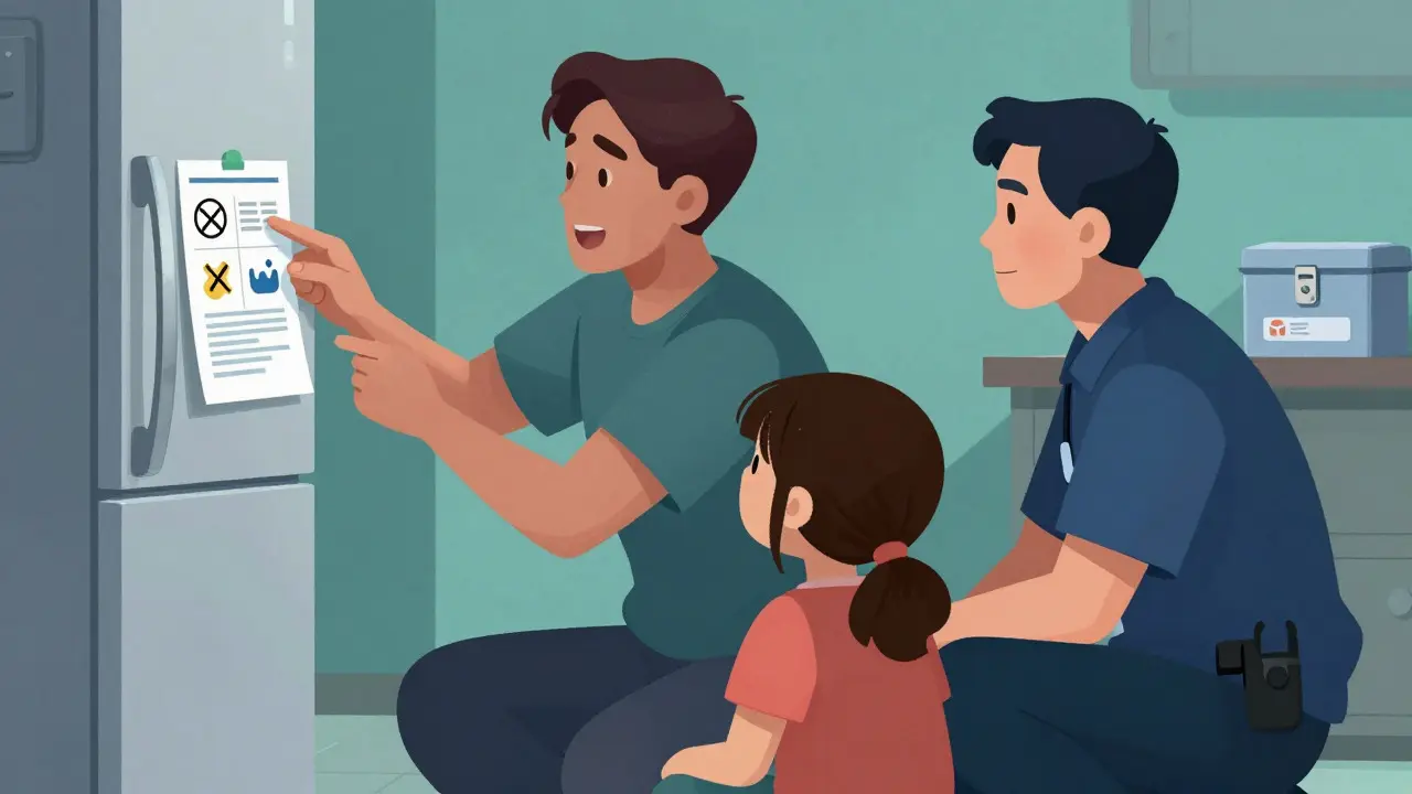 Family reviewing emergency card with paramedic in cartoon
