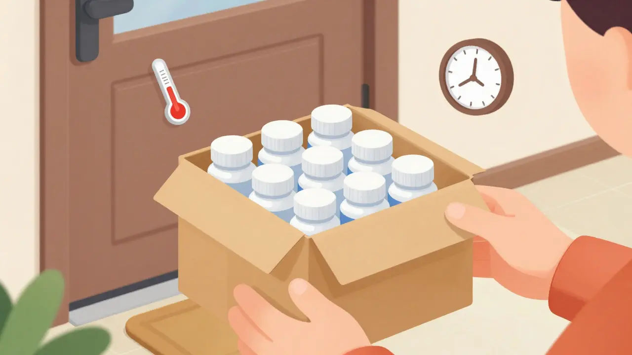 Hands opening a delivered box of neatly arranged prescription bottles