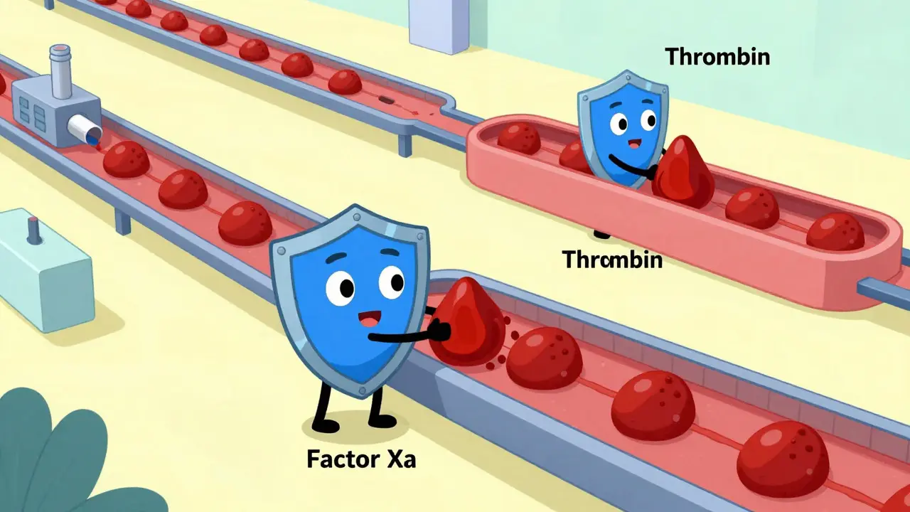 Illustration of blood clotting pathways blocked by different drug mechanisms.