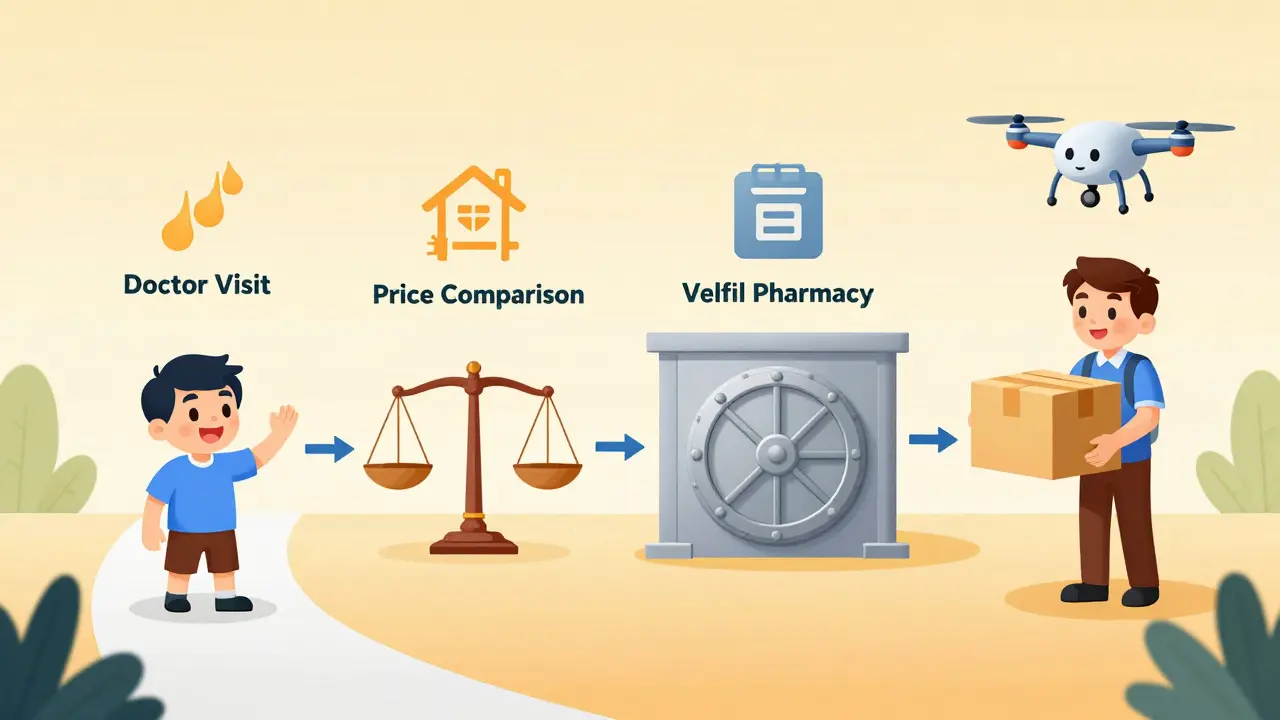Illustration of the safe steps to order generic medication online with discounts