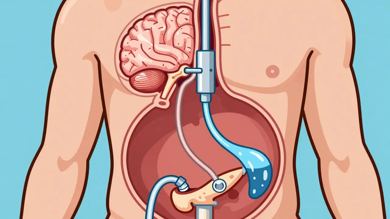 Illustration of VP shunt draining fluid from brain to abdomen