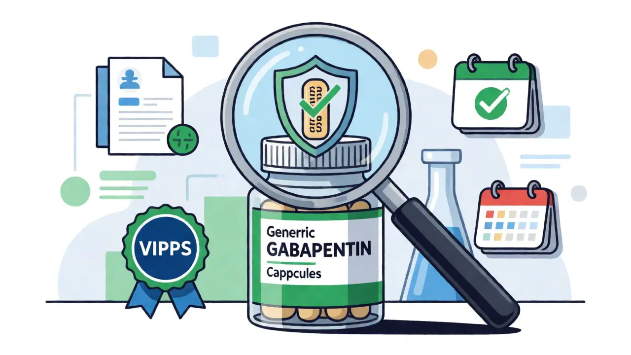 Magnifying glass verifying safe generic gabapentin purchase