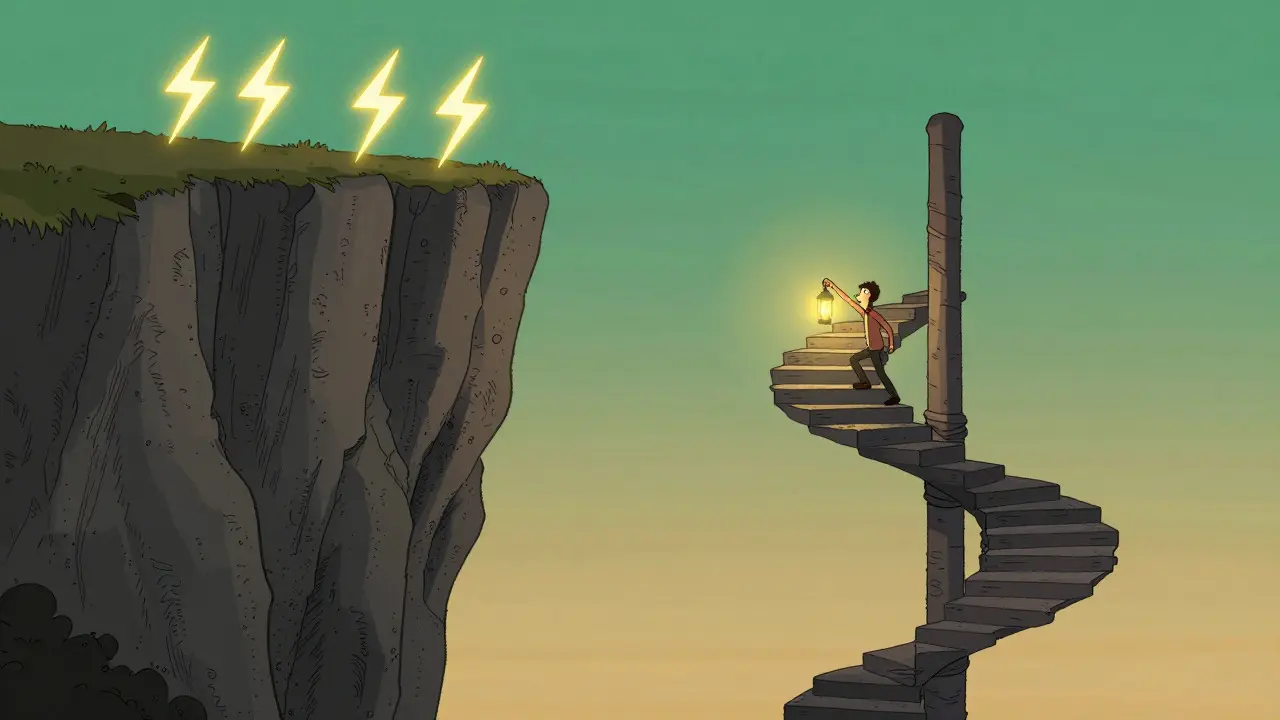 Metaphorical illustration of a safe, slow descent down a spiral staircase versus a dangerous cliff drop.