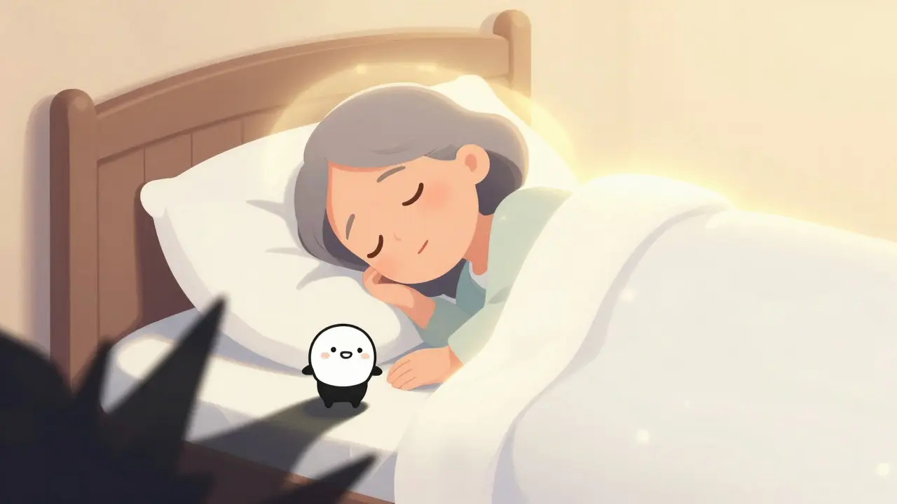 Peaceful sleeper protected by a helpful figure representing therapy