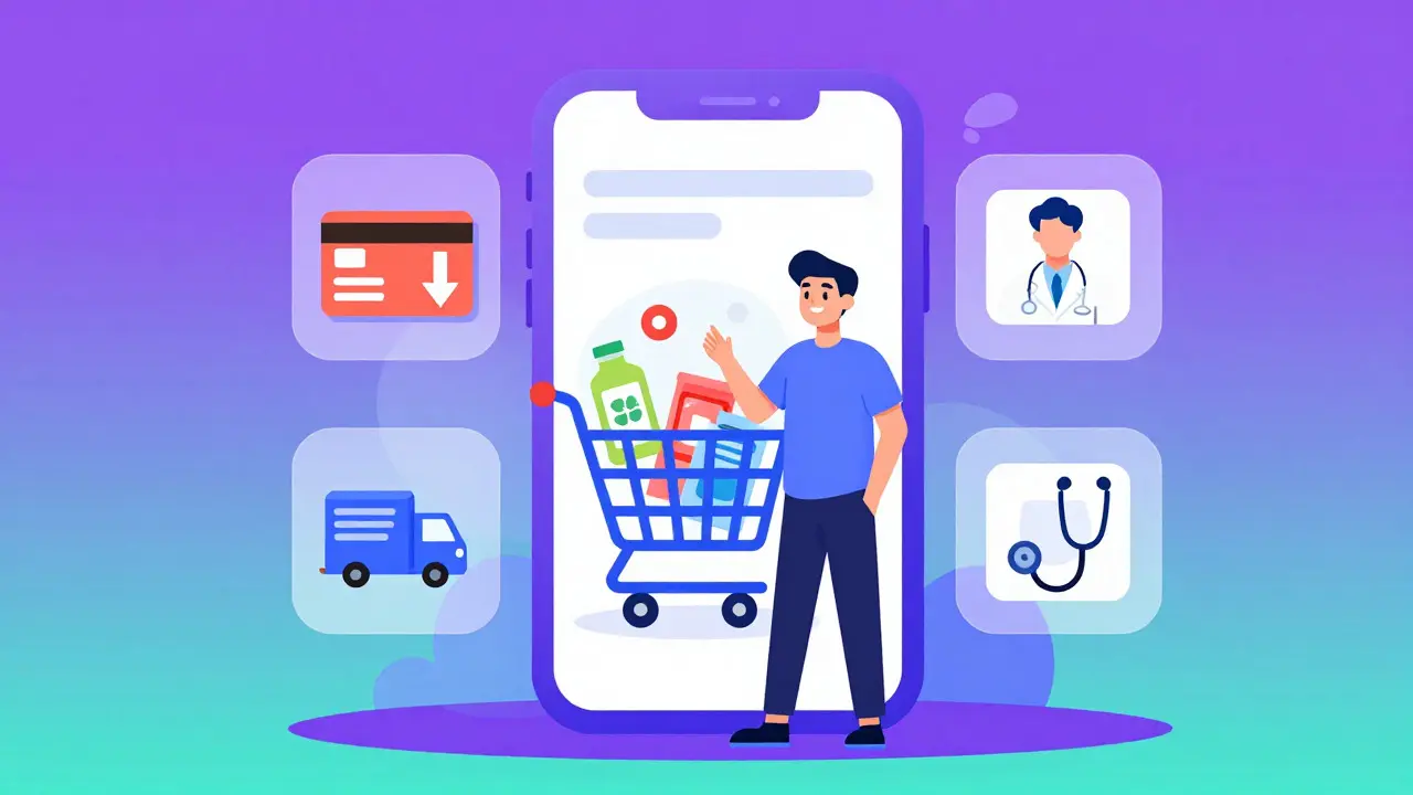 Person shopping for health products on a smartphone with icons for savings and delivery