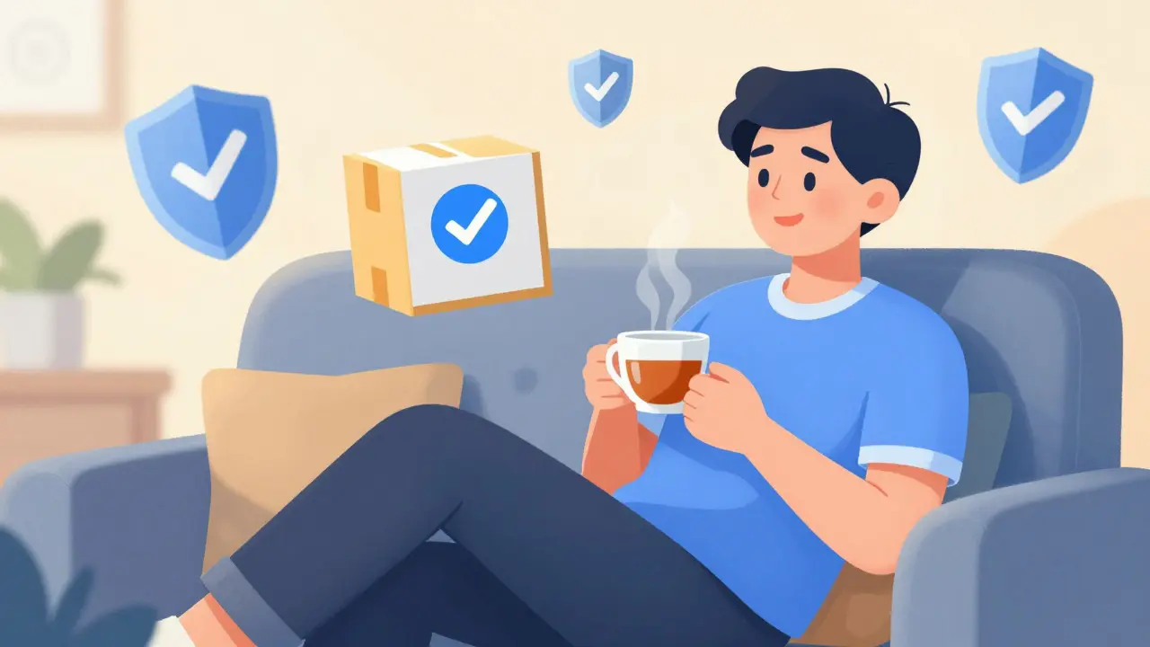 Relaxed person receiving a secure medication package with shield icons