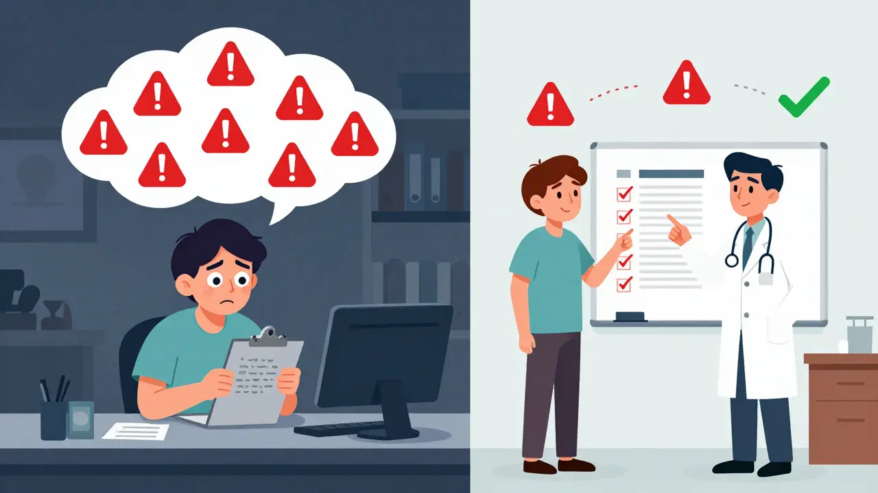 Split scene comparing a patient overwhelmed by alerts versus one with accurate medical records