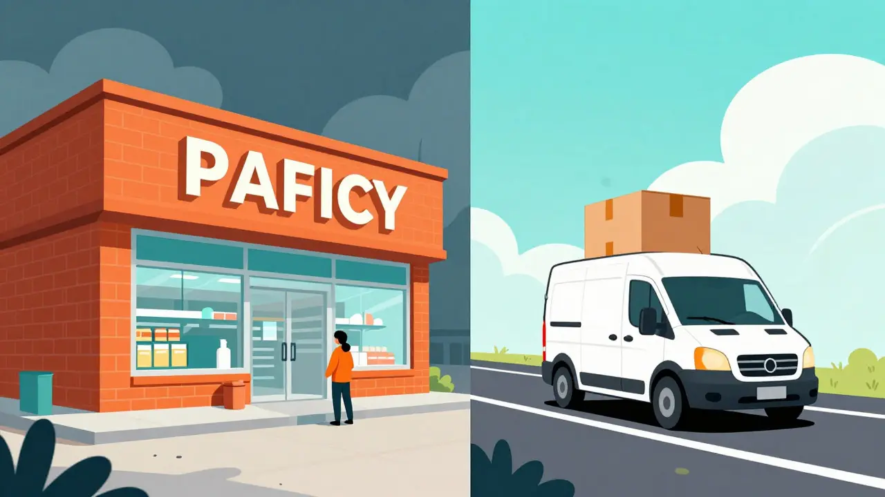 Split view comparing a large pharmacy store with an online delivery van
