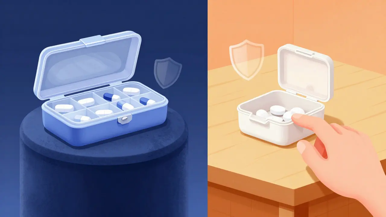 Split view comparing a premium brand pill box with an accessible generic option