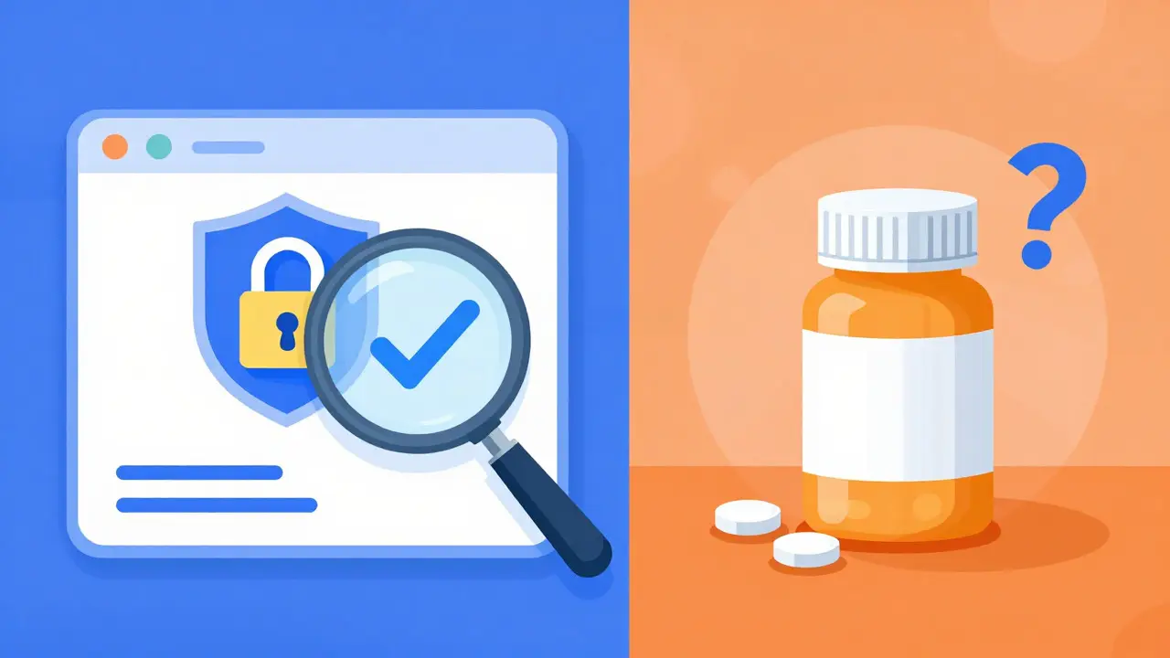 Split view comparing safe online pharmacy verification vs uncertain sources